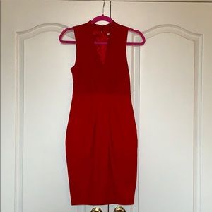 Sleeveless V neck Red Dress w/pockets